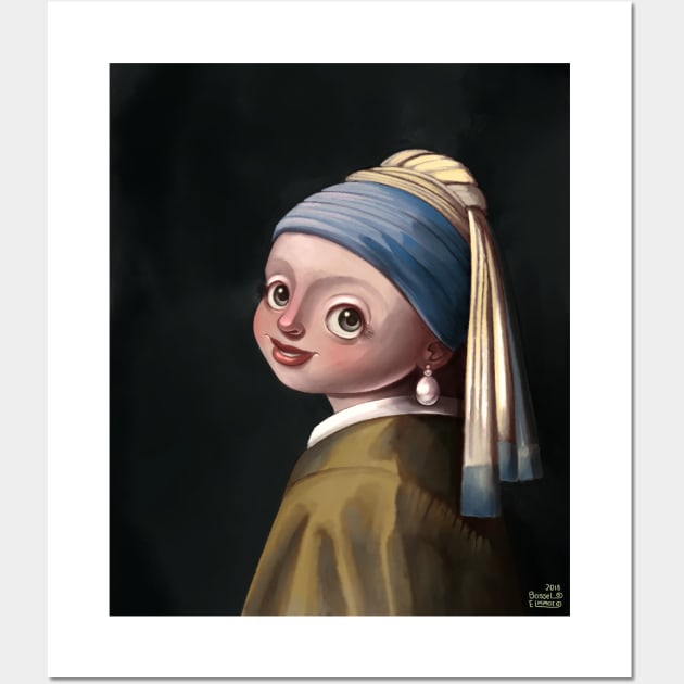 Cute Version of Girl with a Pearl Earring Masterpiece Art History Gift Wall Art by basselelkadi